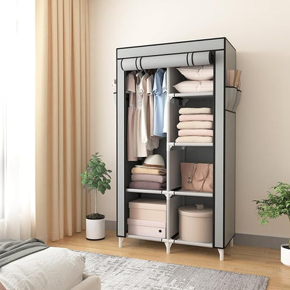 ROJASOP Portable Closet Wardrobe Closet for Hanging Clothes with 6 Storage Shelves, 1 Hanging Rod and 4 Pockets, Clothes Organizer and Storage Wardrobe Free Standing Closet for Bedroom, Grey