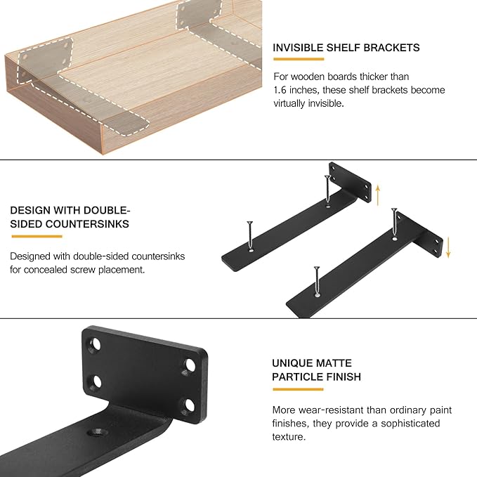 HITOMEN Heavy Duty Floating Shelf Brackets, 10-Inch (1/5'' Thick) Hidden Shelves Hardware, Iron L Brackets, Rustic Industrial Black Metal Wall Shelving Supports, 4 Pack