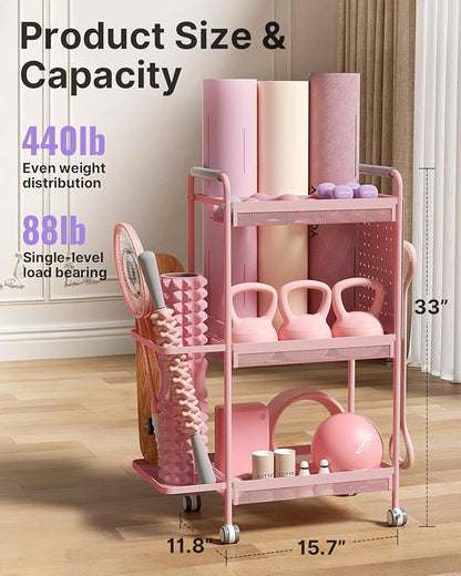 YOTTOY 3-Tier Gym Storage Rack for Home Gym–Multi-Functional Weight Rack, Dumbbell Rack, Yoga Mat Holder with Side Basket & 6 Hooks, Gym Equipment Organizer