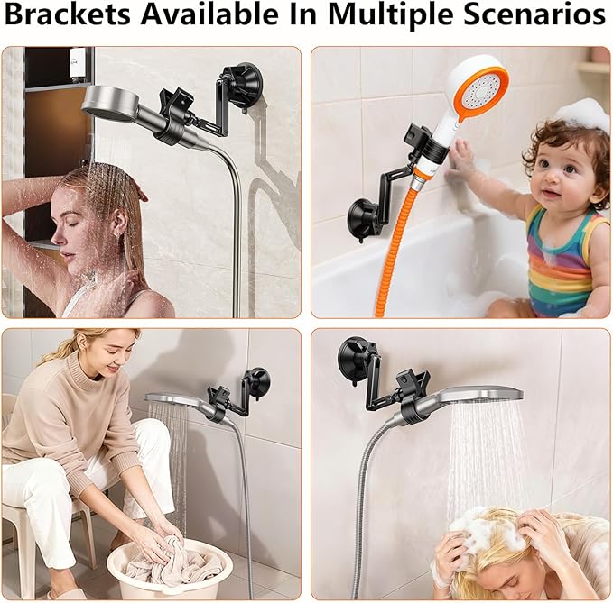 Adjustable Shower Head Holder, Strong Suction Cup Handheld Shower Wand Holder with 360° Rotation & Telescopic Arm,Wall Mount for RV/Bathroom, No Drill Adhesive Free Showerhead Mount Hanger