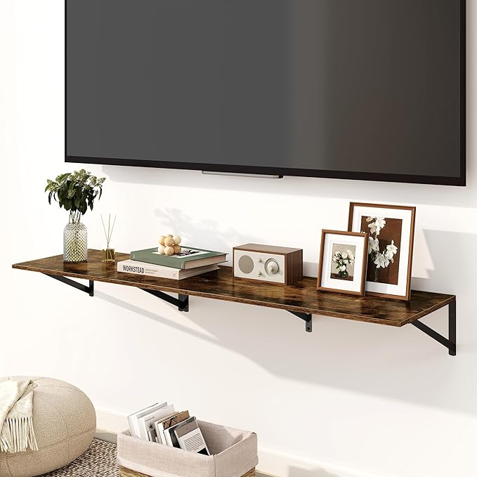 Fun Memories Floating Shelves for Wall, 12 Inch Deep Floating Shelves Set of 2, 36W x 12D Large Wall Shelf with Sturdy Metal Brackets for Living Room, Bathroom, Bedroom and Kitchen, Rustic Brown