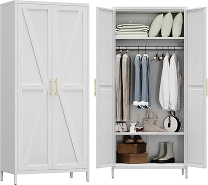 Aobabo 2 Door Metal Wardrobe Cabinet with Hanging Rod, Metal Wardrobe Closet with 2 Adjustable Shelves, Storage Lockers for Home,Office,Installation Required, White