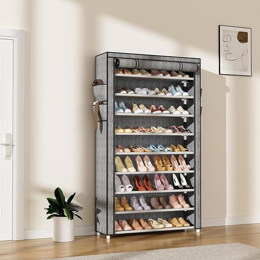 Shoe Rack with Covers 10 Tier Tall Shoe Rack Organizer Large Capacity Shoe Shelf Storage 40 Pairs Space Saving Free Standing Shoe Storage Organizer for Closet, Entryway, Dorm, Printing