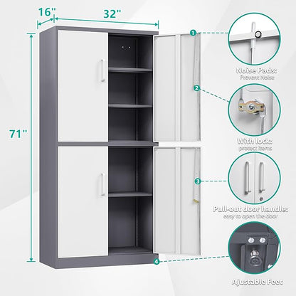 SISESOL Storage Cabinets With Doors And Shelves, 71'' Metal Garage Cabinet Locking, Adjustable Layers For Home Gym, bathroom, kitchen, office, Gray White