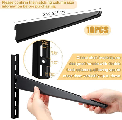10 Pack Adjustable Shelf Brackets for Double Track System Closet Organization Heavy Duty Wire Shelf Brackets (Black,9 Inches)