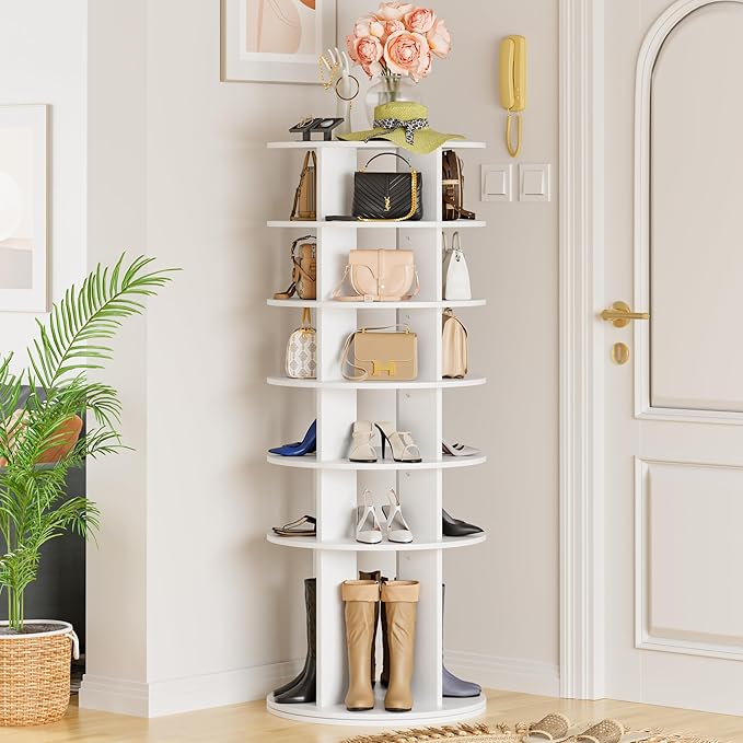 YESHOMY 6-Tier Rotating Shoe Rack Tower, 360° Spinning Vertical Shoe & Handbag Organizer with Lazy Susan Base, Space-Saving Storage for Closet, Bedroom & Entryway, White