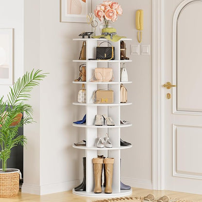 YESHOMY 6-Tier Rotating Shoe Rack Tower, 360° Spinning Vertical Shoe & Handbag Organizer with Lazy Susan Base, Space-Saving Storage for Closet, Bedroom & Entryway, White