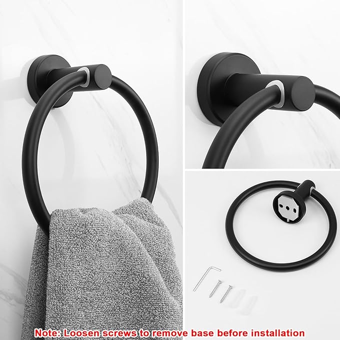 NearMoon Bath Towel Ring, Bathroom Hardware Accessories-Thicken Stainless Steel Hand Towel Holder for Bathroom, Modern Round Towel Hanger Wall Mounted (Matte Black, 2 Pack)