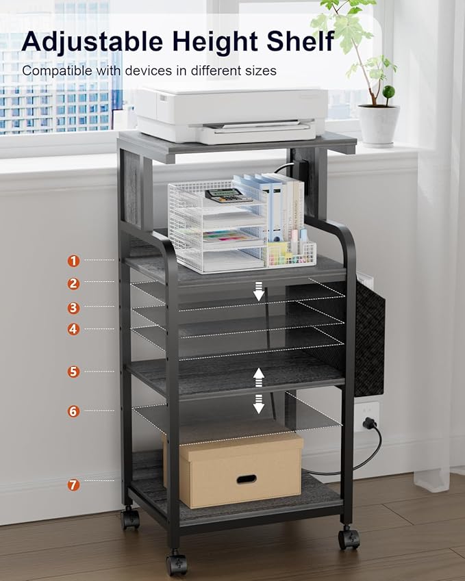 Tall Printer Stand with Storage, 4-Tier Mobile Printer Cart with Adjustable Shelf & Side Bag, Heavy Duty Printer Table with Built-In Charging Station for Home Office, Fits Scanner, Fax Machine, Grey