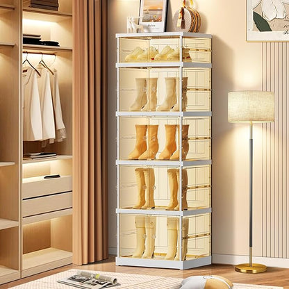 5-Tier Foldable Shoe Rack for Closet Entryway 5-10Pairs,Stackable Clear Shoe Storage Boxes Organizer with Door Plastic Shoe Cabinet Bins with Lids Shoes Shelf Easy Assembly Large