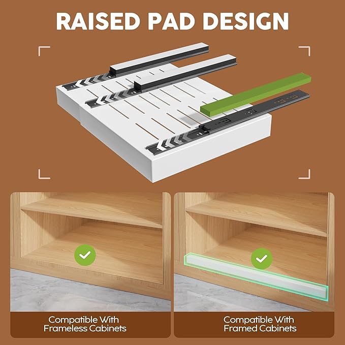 2 Pack Expandable Pull Out Cabinet Organizer 16.5"Deep with Raising Pad for Framed Cabinets,Upgrade 3 Slide Rails Slide Out Drawers,Roll Out Shelves Adhesive,Adjustable Width 12.2"-20.4"White