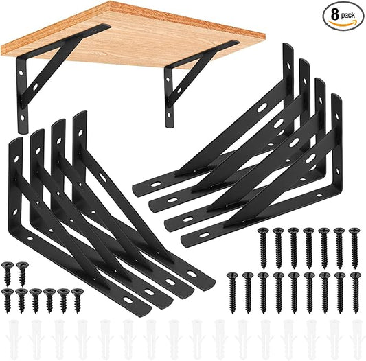 Heavy Duty Shelf Brackets - 8 Pcs L Shaped Metal Wall Mount Shelves Support for Floating Shelves (3.7 x 6 inch)