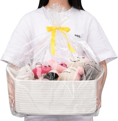 OIAHOMY Woven Basket, Gift Basket Empty with Gift Bags and Ribbons, Rope Baskets for Baby Showers, Storage Baskets with Handles for Nursery, Pet Toy Organizer - White