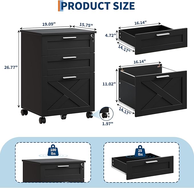 GarveeHome 3-Drawer File Cabinet with Lock, Mobile Under Desk Filing Cabinet for Home Office, Wood Storage Organizer for Letter/a4/Legal Size Documents, Black