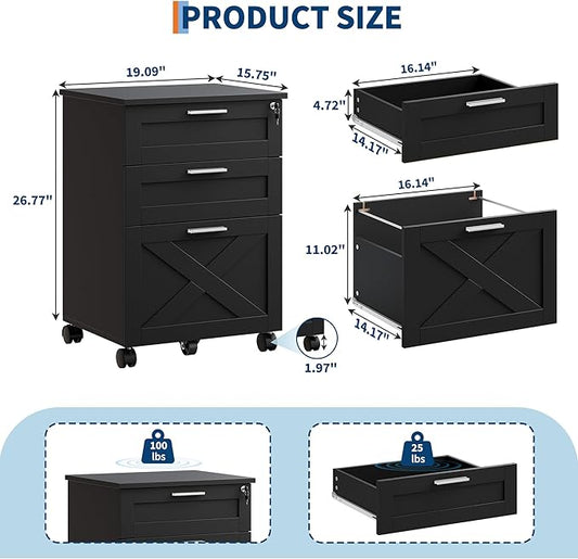 GarveeHome 3-Drawer File Cabinet with Lock, Mobile Under Desk Filing Cabinet for Home Office, Wood Storage Organizer for Letter/a4/Legal Size Documents, Black