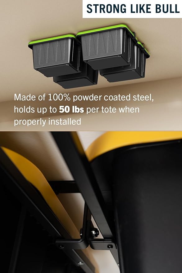 StoreYourBoard Overhead Tote Loft Bin Rail System - Garage Ceiling Bin Rack for Garage Storage - Adjustable Tote Slide Rails - Organization and Storage for 4 Bins - Black