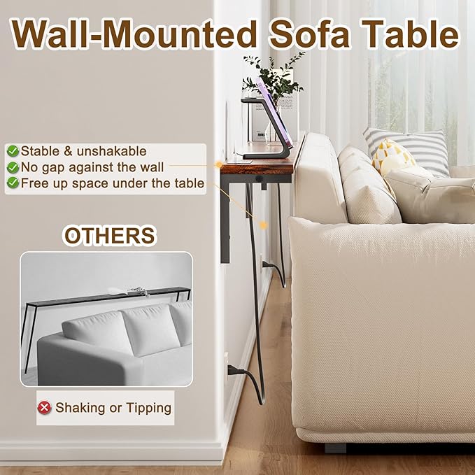 78.8" Narrow Console Table with Outlet, 5.9" Sofa Table Behind Couch Wall Mounted, 2 Pack with 4 Power Outlets 4 USB-C Ports 4.9ft Cord for Entryway, Hallway, Living Room, Rustic Brown