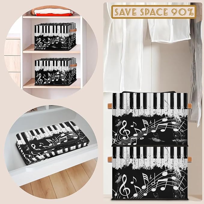 Music Note Ballet Storage Bins with Zipper Lid, Collapsible Fabric Storage Basket with Leather Handles Closet Shelf Cloth Organizer Basket for Nursery Bedroom Clothes Toy