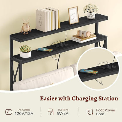 FAVOOSTY 46.8" Skinny Console Table with Charging Station and LED Light,5.9" Narrow Sofa Table with Power Outlets and Type C & USB Port, Behind Couch Table for Living Room, Hallway, EntryWay, Black