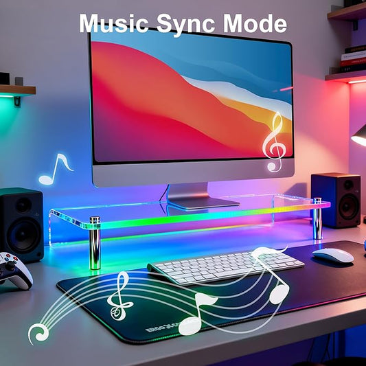 Acrylic Monitor Stand with RGB Lights, Music Sync Desk Riser with App & Button Control, Office Desktop Organizer for Gaming Setup and Home Office, Computer, Laptop, Printer, 23.6 Inch