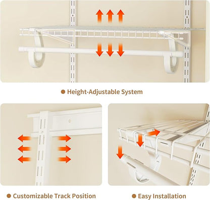 2-4 Ft. Expandable Closet Organizer System Kit, White Custom Metal Wire Shelving, Organization and Storage Shelves Wall Mounted with Hanging Rods