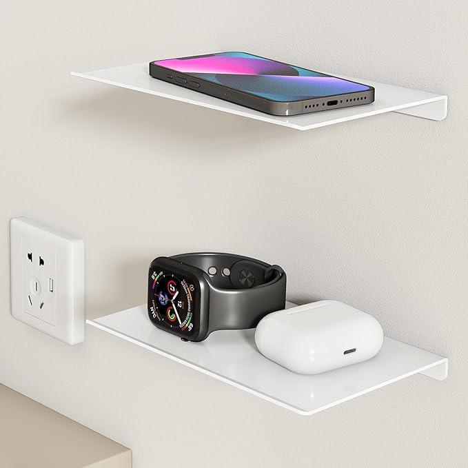 MKO 8" Small Floating Shelves for Wall, Metal Wall Mounted Shelf for Bathroom, Bedroom, Living Room, Kitchen, Little Hanging Shelves for Books/Storage/Room Decor 2 Packs, White