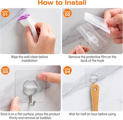 48 Pack Heavy Duty Adhesive Wall Hooks for Hanging - 33lb Max, Transparent Waterproof Rustproof Self Adhesive Hooks for Bathroom, Shower, Kitchen, Outdoor and Home