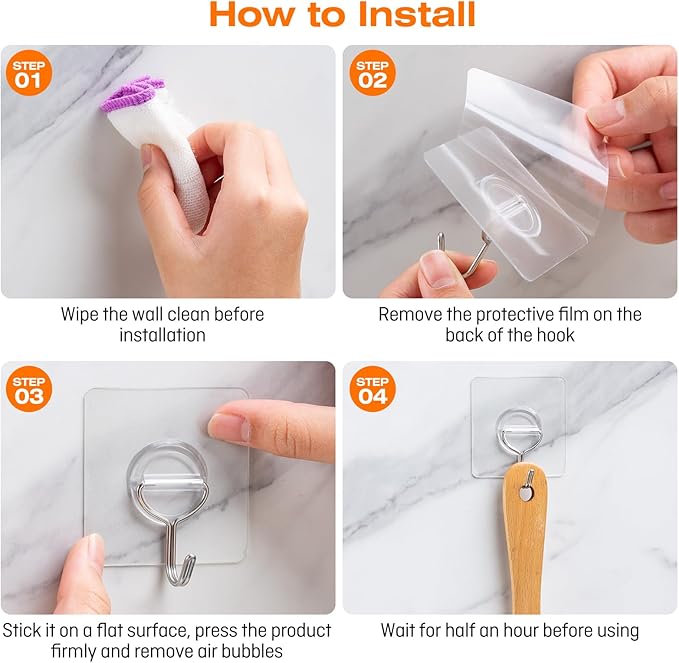 Adhesive Wall Hooks for Hanging Heavy Duty 33lb(Max), Waterproof and Rustproof Transparent Self Adhesive Hooks for Bathroom Kitchen Outdoor and Home Improvement -24 Pack