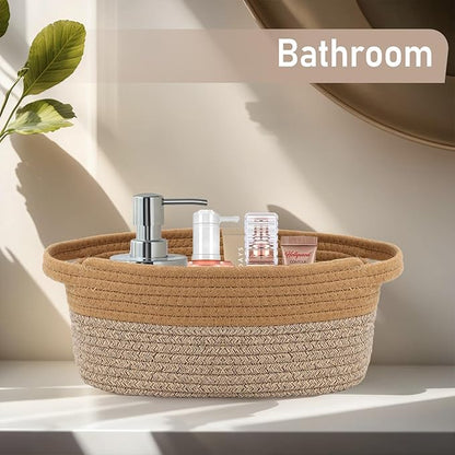 Woven Basket,Small Rope Storage Bin with Handles & Ribbon Bag, Organizer for Shelves Closets,Gift Basket Empty for Birthday,Books,Dog Toys, Jute&Brown/3 Pack