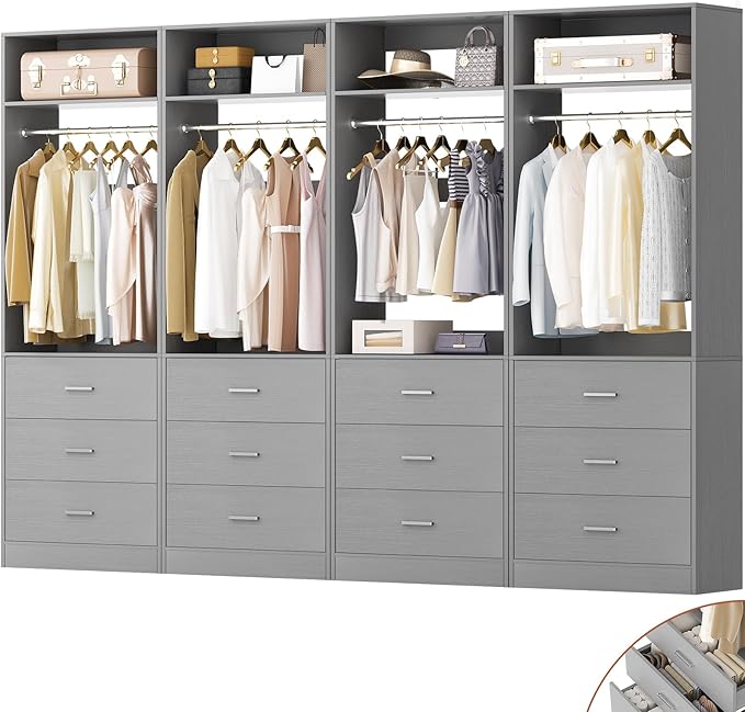 Closet System Set of 4, 8FT Closet Systems with 12 Wood Drawers, 96" Closet Organizer System with 4 Hanging Rods & 4 Shelves, Heavy Duty 96 Inch Walk-in Closet, Grey (96"L x 15" W x 80" H)