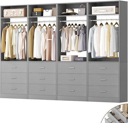 Closet System Set of 4, 8FT Closet Systems with 12 Wood Drawers, 96" Closet Organizer System with 4 Hanging Rods & 4 Shelves, Heavy Duty 96 Inch Walk-in Closet, Grey (96"L x 15" W x 80" H)