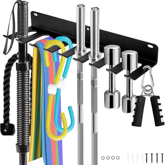 Tebery 9 Hook Home Gym Storage Rack Wall Mount, Fitness Equipment Organizer, Metal Gym Accessory Hanger for Exercise Bands, Jump Ropes, Barbells, Lifting Belts