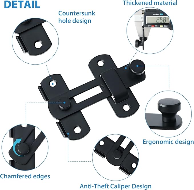 Alise 2Pcs Flip Latch Gate Latches, 4 inch Safety Door Lock for Barn Wood Fence Sliding French Doors,Heavy Duty SUS304 Stainless Steel Gate Hardware Matte Black MS9500B-2P