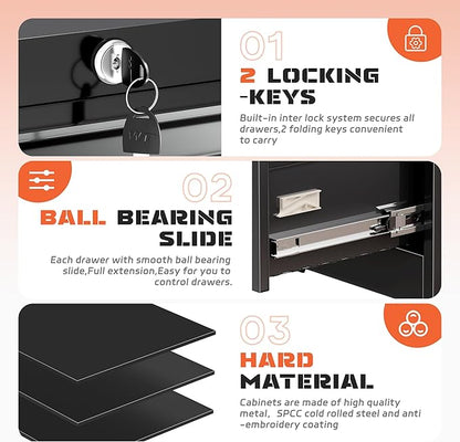 INTERGREAT 4 Drawer File Cabinet, Lateral File Cabinet with Lock, Metal Office Filing Cabinet with Adjustable Frame for Legal, Letter, A4 Files, Fast Assembeld, Black