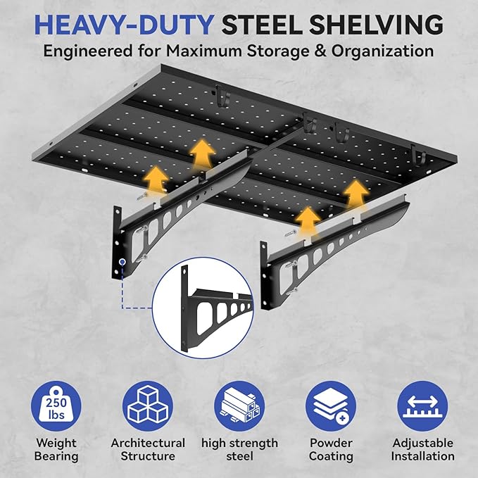 2-Pack 2 * 3ft Heavy Duty Garage Wall Shelving, 500 lbs Load Capacity, Garage Shelving Wall Mounted,Heavy Duty Garage Storage Shelves with Hooks