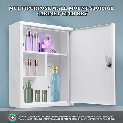 KYODOLED Wall Mount Locking Medicine Cabinet, Large Capacity First Aid Cabinet for Bathroom, Medicine Cabinet with Key, Secure Steel Lock Box for Medication, 15.75" H x 11.82" W x 4.72" D, White