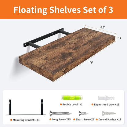 Floating Shelves for Wall Set of 3, 16" Rustic Brown Floating Shelves, Home Decor, Frame Display Wall Shelf for Bedroom, Kitchen, Bathroom, Living Room