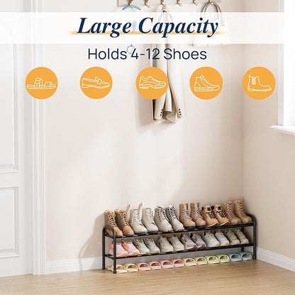 ENJOYBASICS Expandable Shoe Rack, 46.5'' Wide - 12 Pairs Adjustable Shoe Organizer Shelf for Closet, 2-Tier Black Metal Free Standing Shoe Rack Storage for Small Space, Entryway