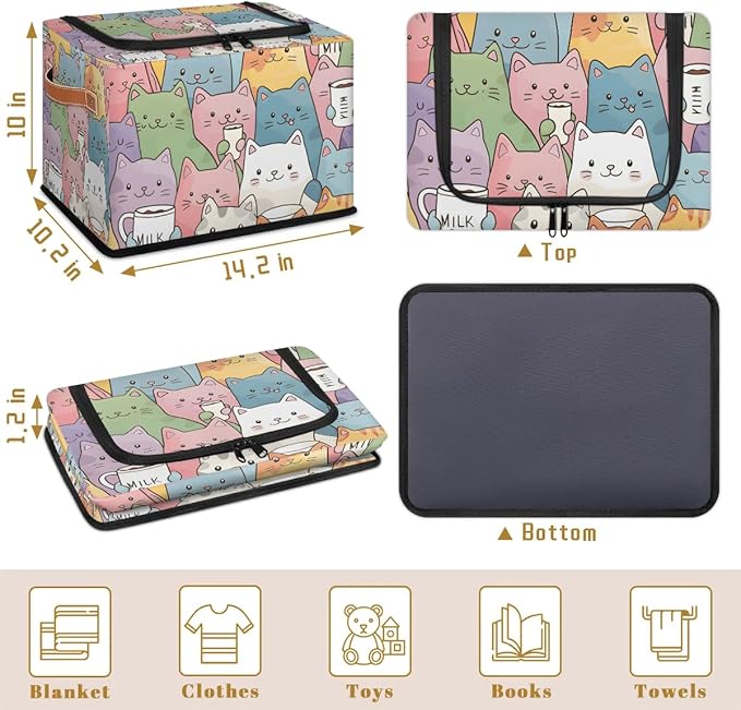 Cute Cat Storage Bins with Zipper Lid, Collapsible Fabric Storage Basket with Leather Handles Closet Shelf Cloth Organizer Basket for Nursery Bedroom Clothes Toy