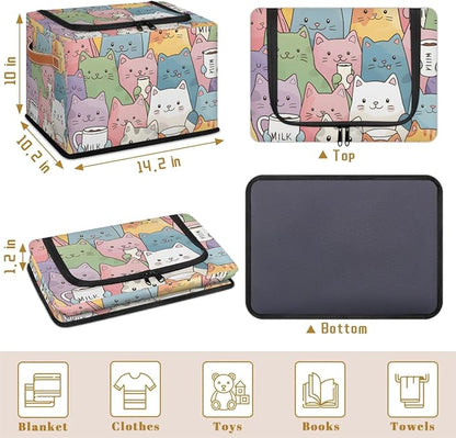 Cute Cat Storage Bins with Zipper Lid, Collapsible Fabric Storage Basket with Leather Handles Closet Shelf Cloth Organizer Basket for Nursery Bedroom Clothes Toy