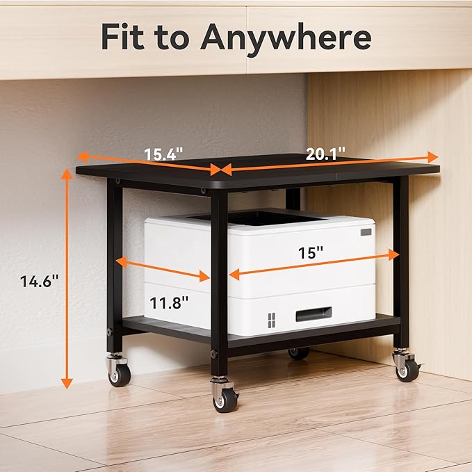 niffgaff Printer Stand with Lockable Wheels, 2-Tier Rolling Printer Cart with Storage Shelf, Compact Wood & Metal Printer Table for Home Office, Black, 20.1'' ×15.4'' ×14.6''