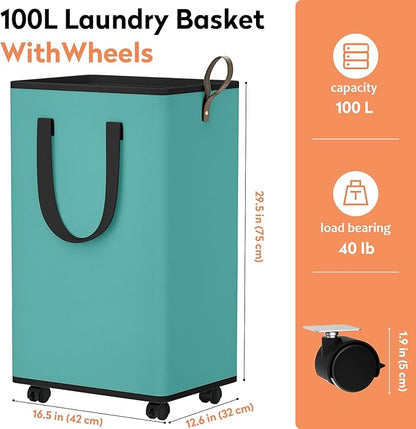 Laundry Basket with Wheels, Collapsible Laundry Baskets, Laundry Hamper with Handles Detachable Wheels, Rolling Laundry Basket, Dirty Clothes Hamper for Bathroom, Dorm, Bedroom, Green, 100L