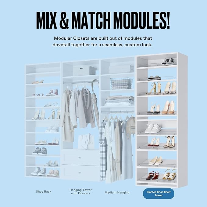 MC Modular Closets Closet Shelves Tower - Modular Closet System with 8 Slanted Shoe Shelves - Corner Closet System - White, 19.5 Inches Wide