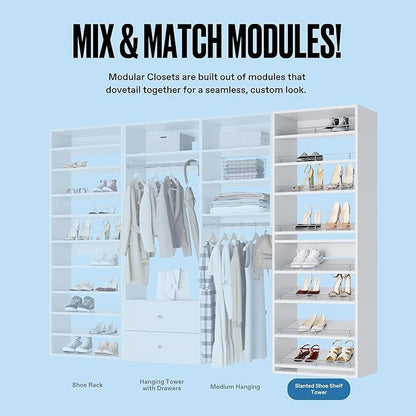 Closet Shelves Tower - Modular Closet System with Shoe Shelves (8) - Corner Closet System - Closet Organizers and Storage Shelves (White, 25.5 inches Wide) Closet Shelving