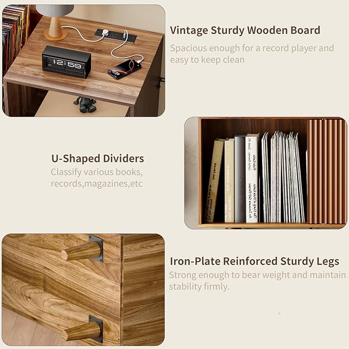 Large Record Player Stand with Power Outlets & LED Lights, Record Player Table Cabinet with Vinyl Record Storage Holds up to 300 Albums, Turntable Stand for Living Room, Bedroom