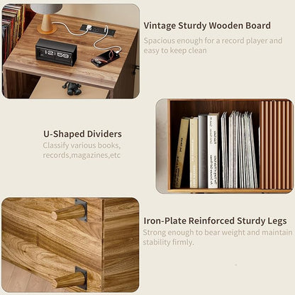Large Record Player Stand with Power Outlets & LED Lights, Record Player Table Cabinet with Vinyl Record Storage Holds up to 300 Albums, Turntable Stand for Living Room, Bedroom