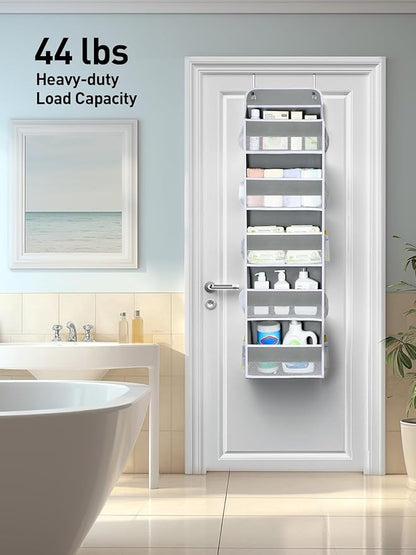 Yecaye 1 Pc Over the Door Organizer with 5 Bins 10 Side Pockets, 44lbs Load Hanging Bathroom and Bedroom Organizer, behind the Door Hanging Organizers for Nursery Newborn Baby Essential Stuff Grey