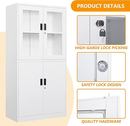 STANI Metal Storage Cabinet, Locking Steel Cabinet with Shelves, Tall Metal Utility 2 Doors, Lockable Steel Cabinets for Home Office (4 Doors, White)