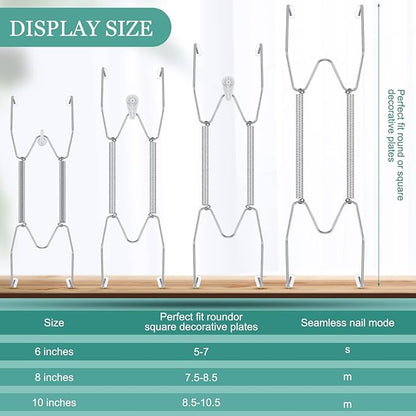 Hotop 12 Pieces Plate Hangers for Wall Stainless Steel Wire Invisible Heavy Duty Plate Hangers Display Holders with 12 Pieces Hooks for Wall Decorative(6/8/10 Inch,Silver)
