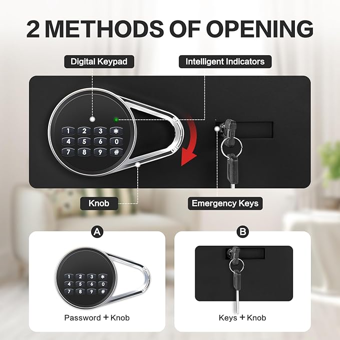 Safe for Home, 1.0 Cubic Feet Small Safe with Removable Shelf, Alarm System, Digital Electronic Security Money Box for Cash, Document, Home, Office, Hotel Use, Black, 9.84"D x 13.78"W x 9.84"H